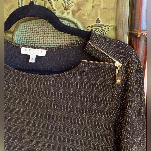 CHAUS WOMENS SCOOP NECK 3/4 LENGTH SLEEVE BLACK & GOLD‎ SPARKLY TUNIC SIZE SMALL - Picture 8 of 9